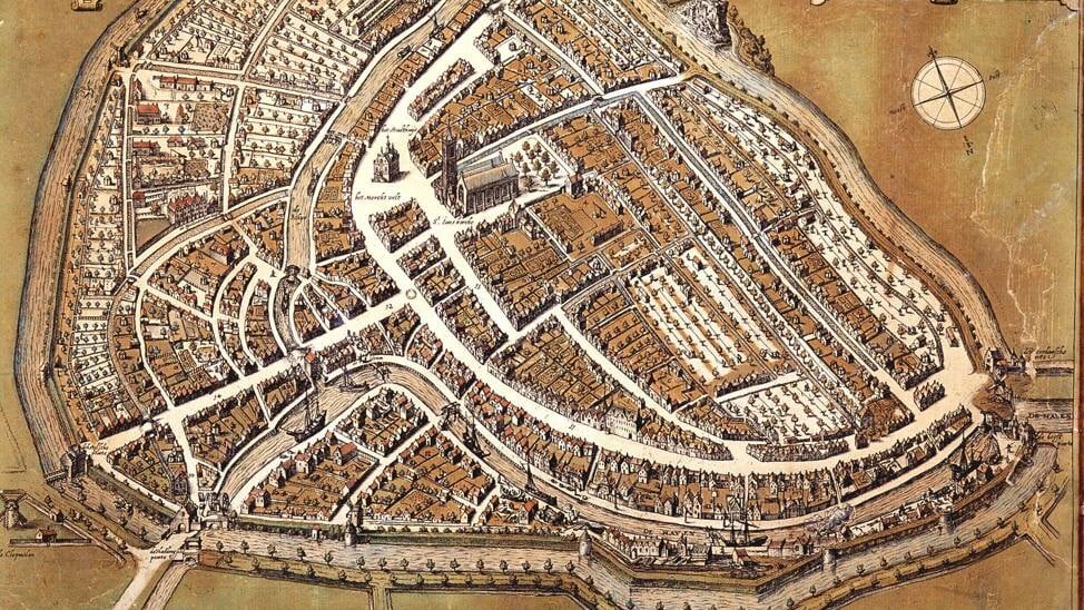Stadsplattegrond van Schiedam door Jacob de Gheyn, 1598.
