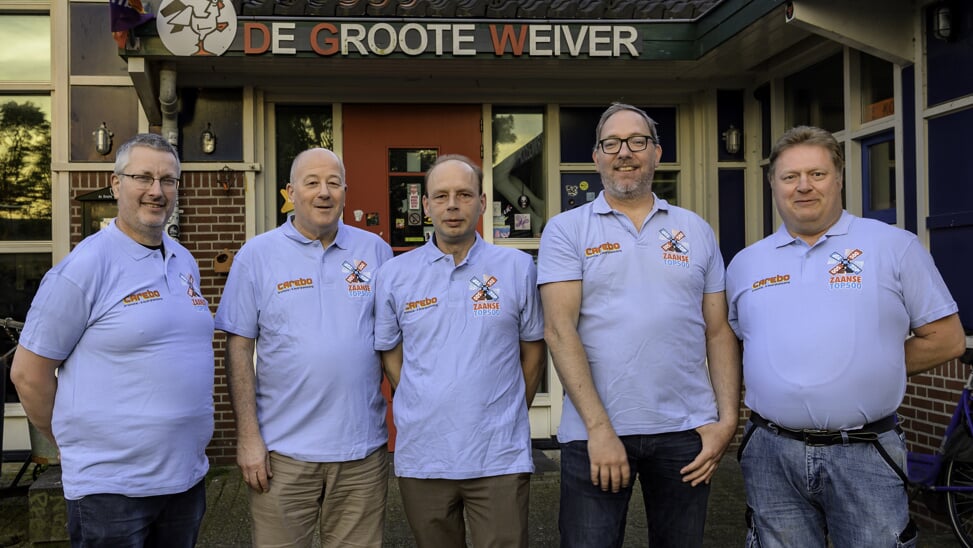 (v.l.n.r.) Mano Bakker, Paul van den Bergh, Martin Tamerius, Gerwin de Keijzer en Jamie Bank zijn klaar voor het Zaanse Top500 muziekfeest.