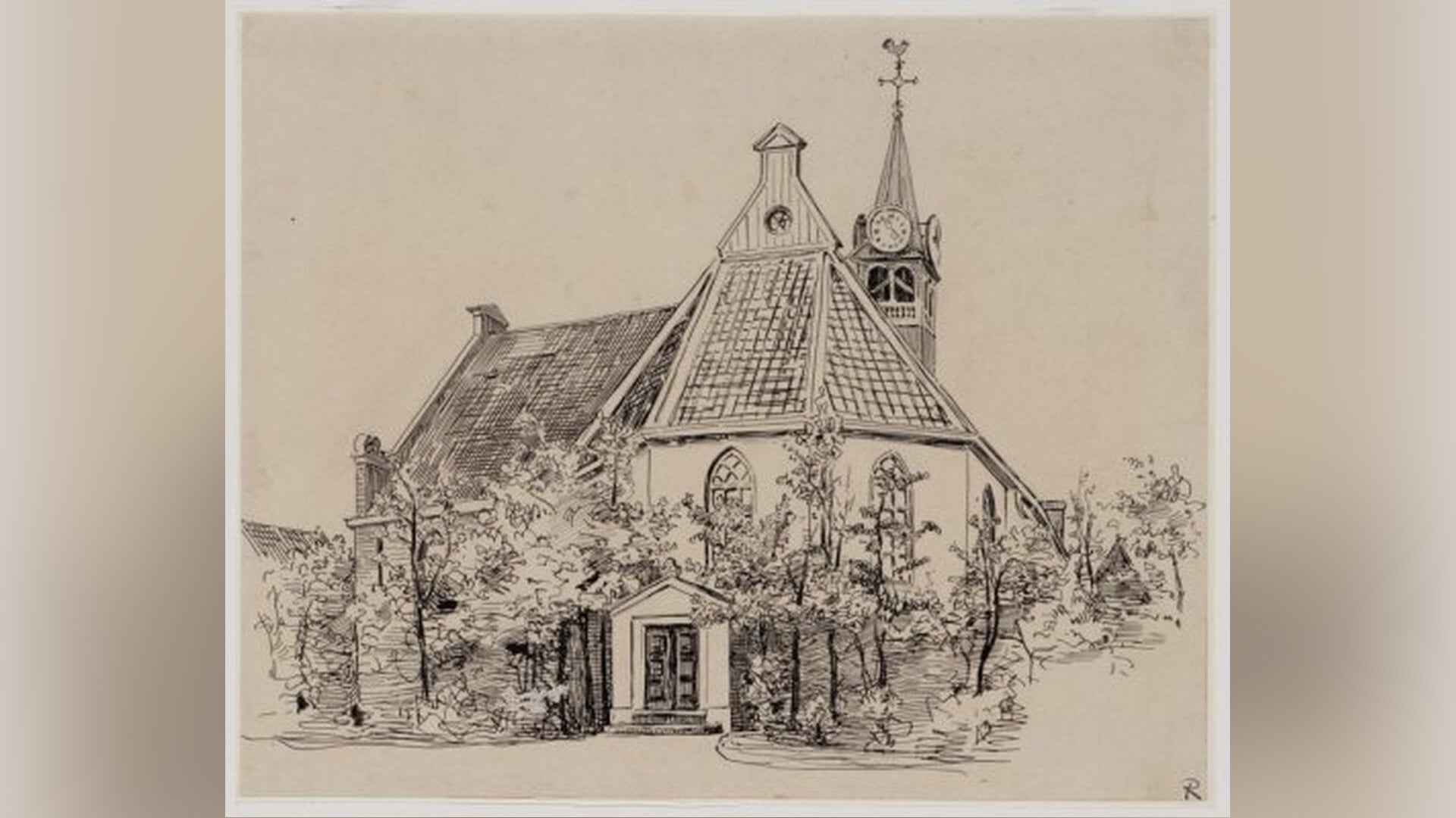 Tekening uit 1896 van de Hervormde Kerk aan het Noordeinde in Wormerveer.