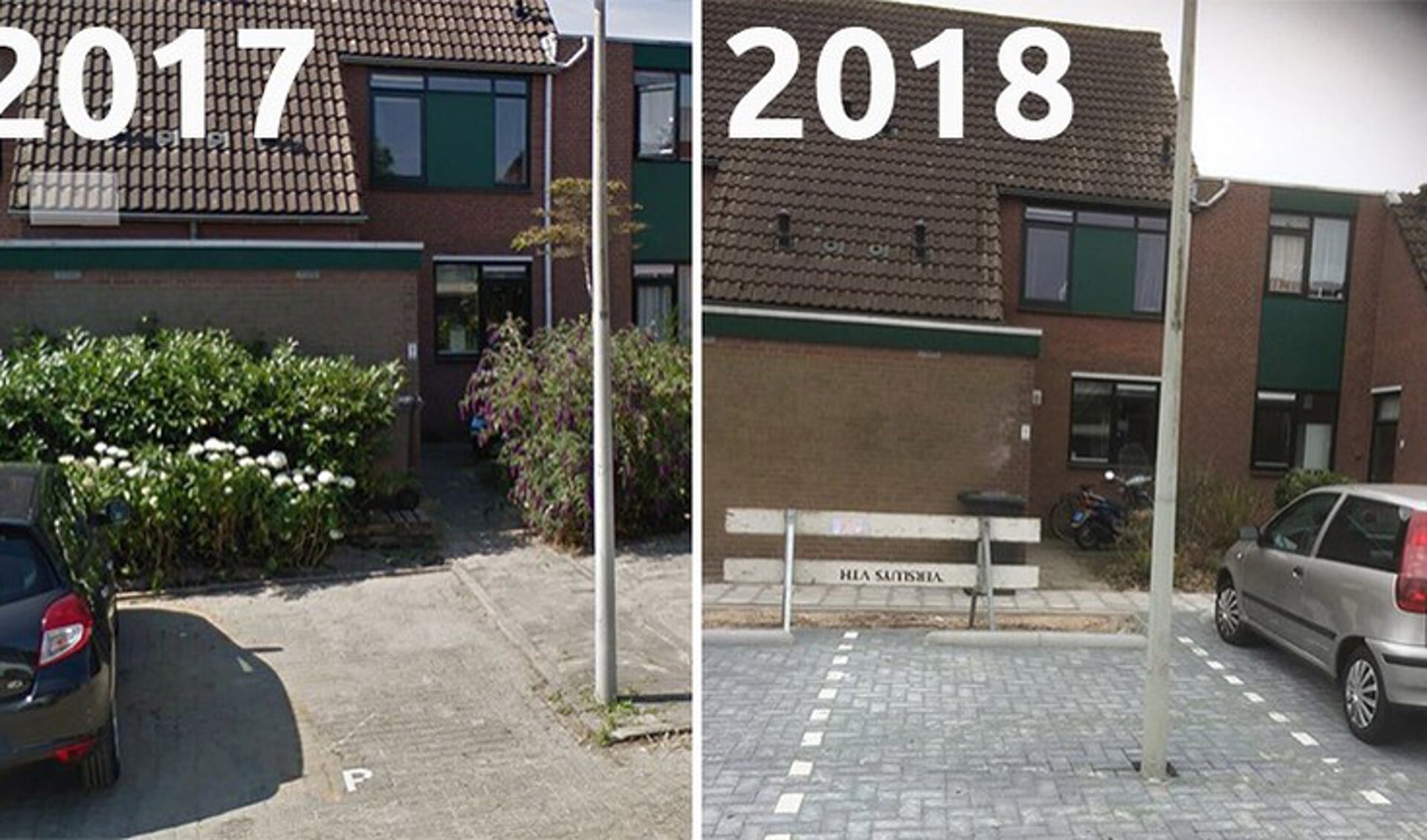 De situatie van het parkeervak voor en na. (Foto 2017: Google Streetview / Foto 2018: Jan Hendriks)