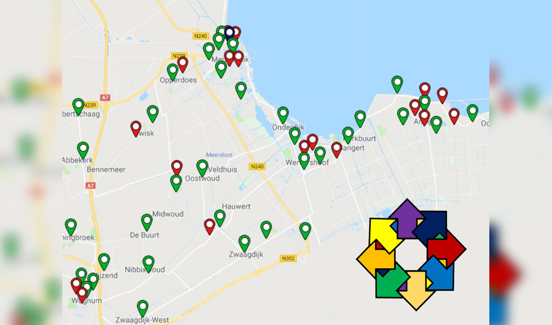 Kaart Google / Post.nl – Alleen de in rood aangegeven brievenbussen binnen de gemeente Medemblik staan op de lijst om te worden verwijderd. (Foto: aangeleverd)