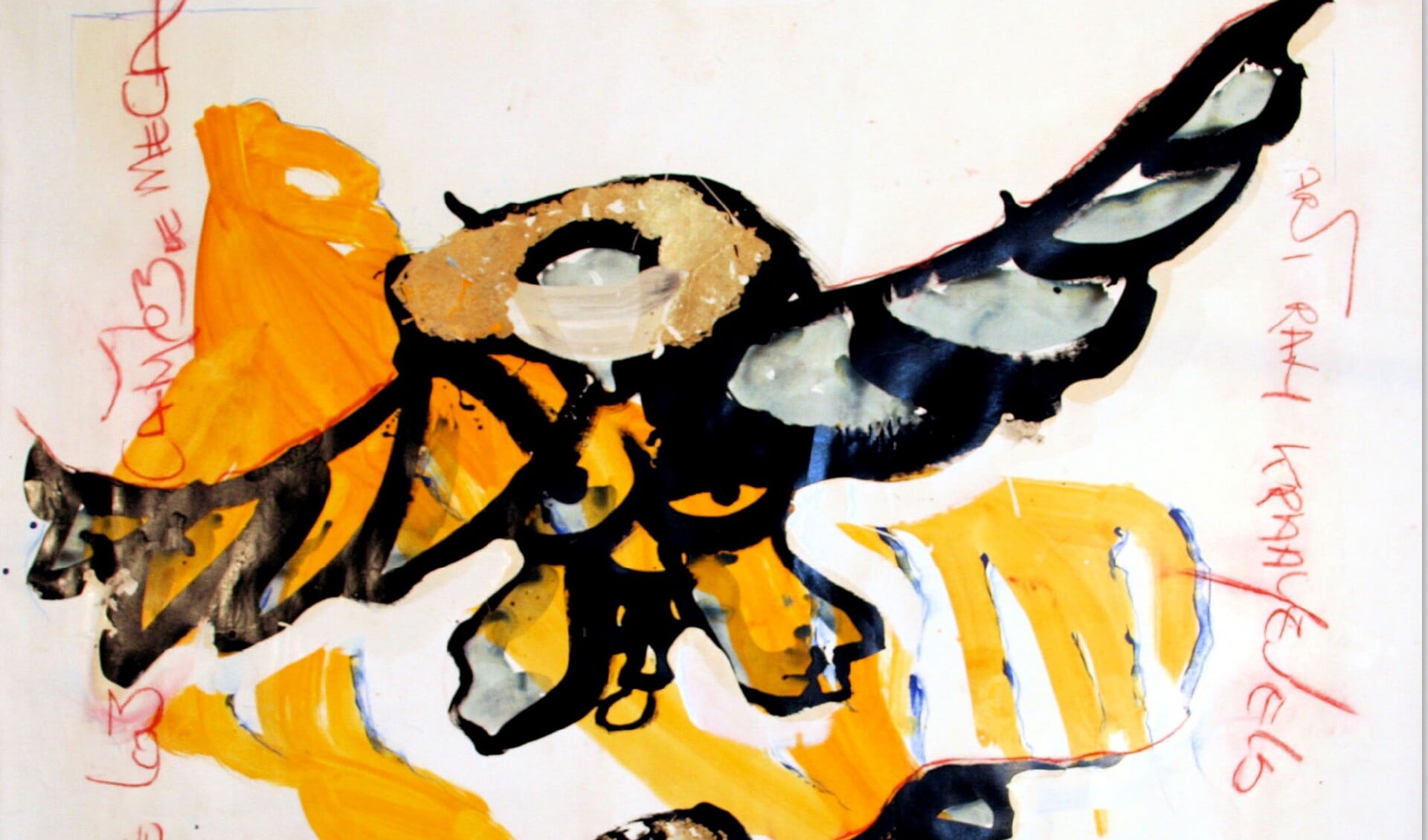 Het schilderij 'Mens met vleugels en een gouden rugzak', afkomstig uit de serie De Vluchteling, gemaakt door Arti Kraaijeveld. (FOTO: AANGELEVERD)