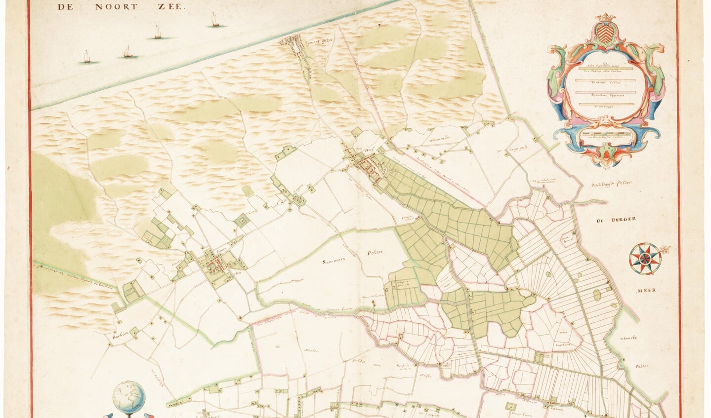 Kaart van de Egmonden, Wimmenum en Heiloo door J.D. Zoutman, 1665. Rechtsonder Alkmaar, Bij Egmond-Binnen is de  ruïne van de abdij ingetekend en bij Egmond aan den Hoed die van het slot.