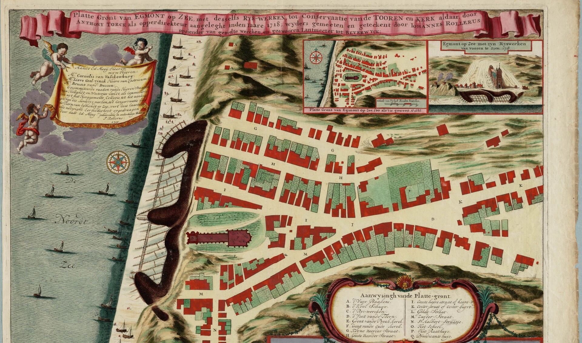 Kaart van de Egmonden, Wimmenum en Heiloo door J.D. Zoutman, 1665. Rechtsonder Alkmaar, Bij Egmond-Binnen is de  ruïne van de abdij ingetekend en bij Egmond aan den Hoed die van het slot.
