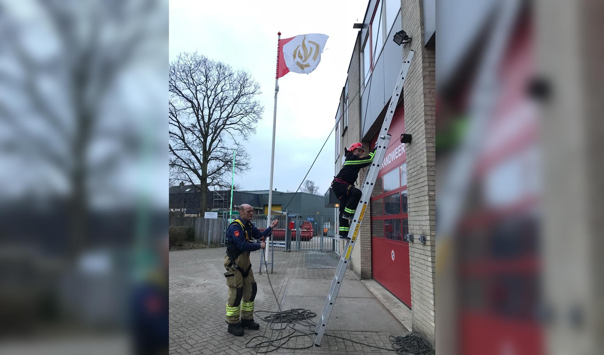 Zonder vrees beklom de kleine brandweerman David uit Benningbroek de ladder en redde de beertjes. (Foto: aangeleverd) 