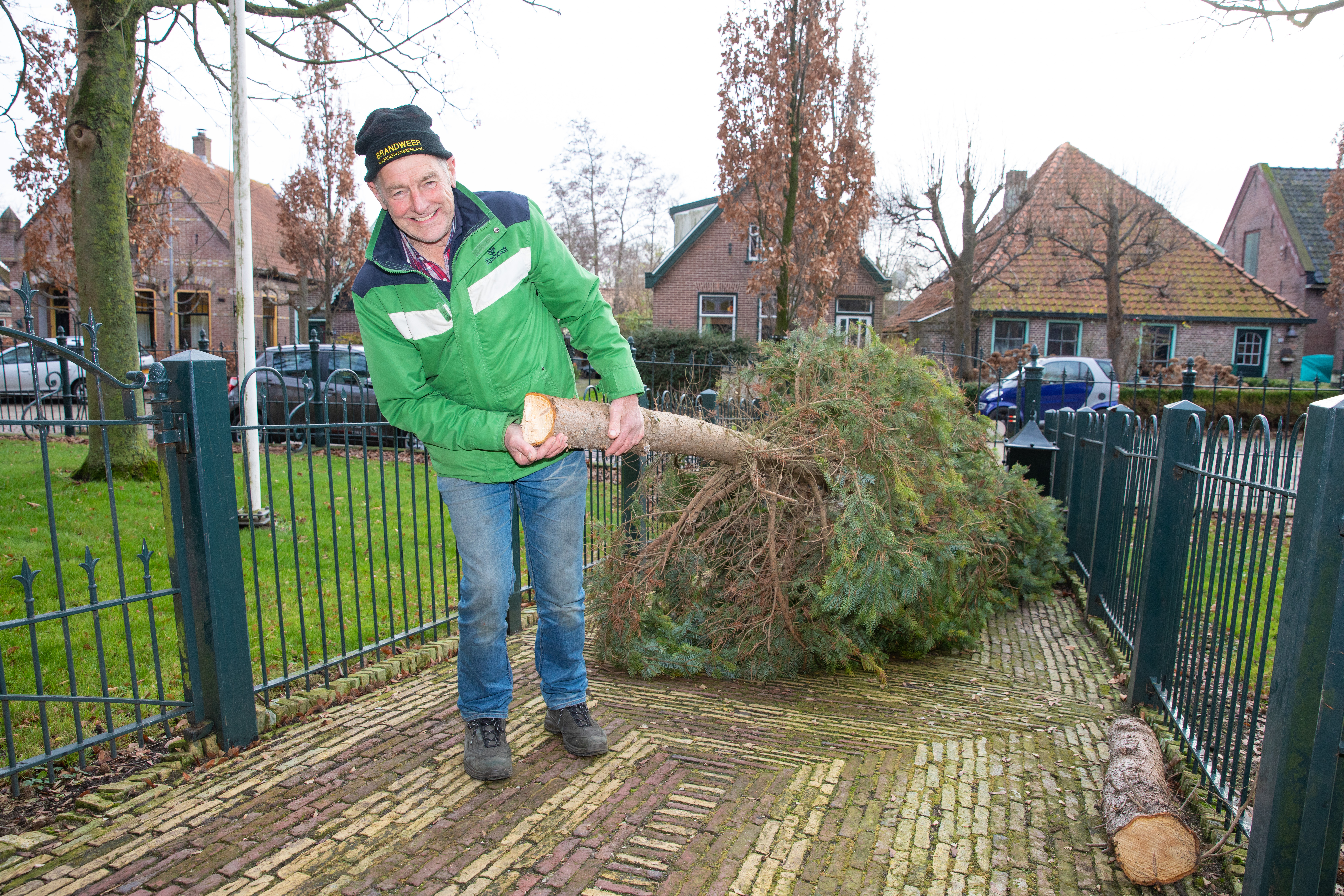 Cees Vlaar sleept de kerstboom naar de kerk: 'Een pittige klus.' (Foto: Vincent de Vries / Rodi Media)