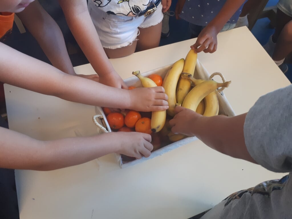 De kinderen stortten zich gretig op het aangeboden fruit.