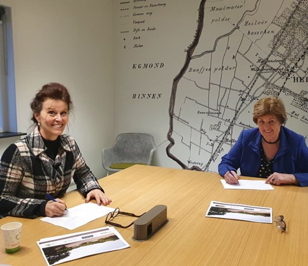 Krista Walter (links) directeur-bestuurder van Kennemer Wonen en Gerda Kuyper namens de huurdersorganisaties, ondertekenen de prestatieafspraken.