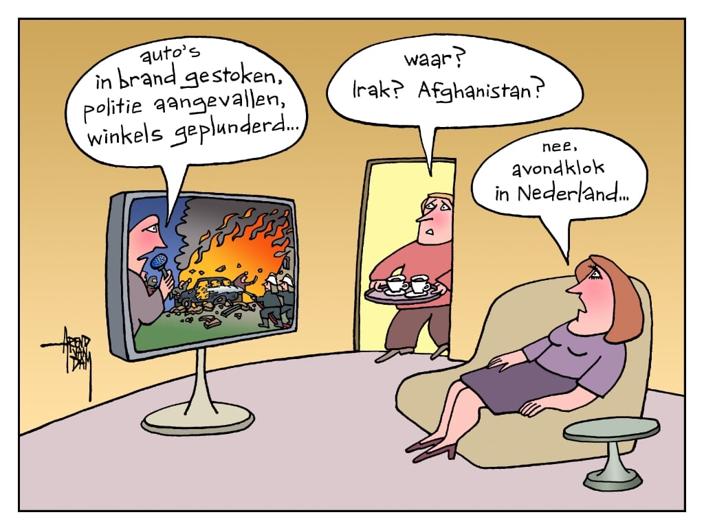 REGIO - Cartoonist Arend van Dam stuurde ons deze tekening naar aanleiding van de rellen die afgelopen weekend plaatsvonden in het land.