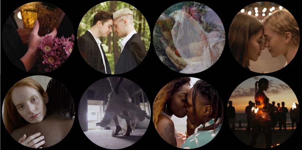 Een collage van verschillende homohuwelijken.