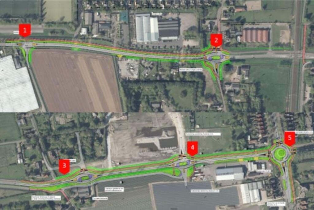 Boven de kruispunten met de Lijnbaan (1) en de rotonder voor de Westerweg (2), beneden de aansluiting op de Hoogeweg (3) en de Haagbeuk (4) en de rotonde bij de Kennemerstraatweg (5).