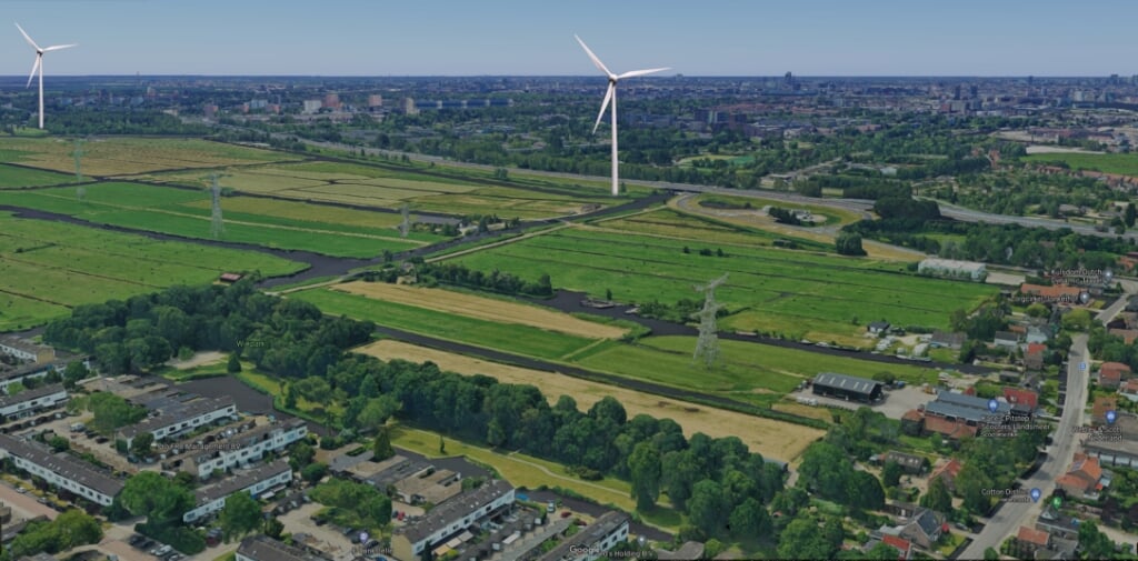 Impressie toekomstbeeld beeld inclusief windmolens in Landsmeer.