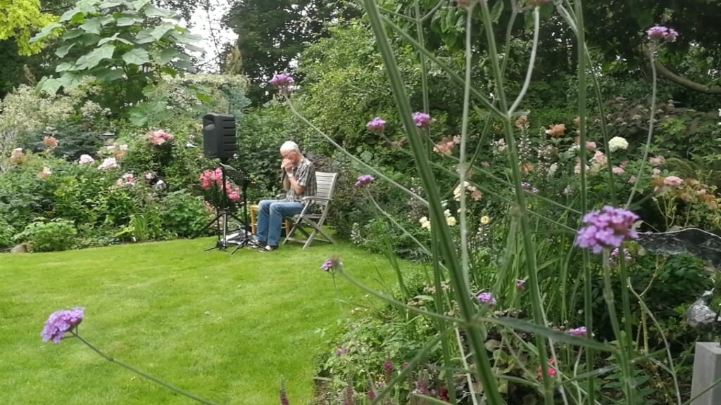 Koos Konijn zorgt voor sfeervolle muziek met zijn mondharmonicas in de tuin.