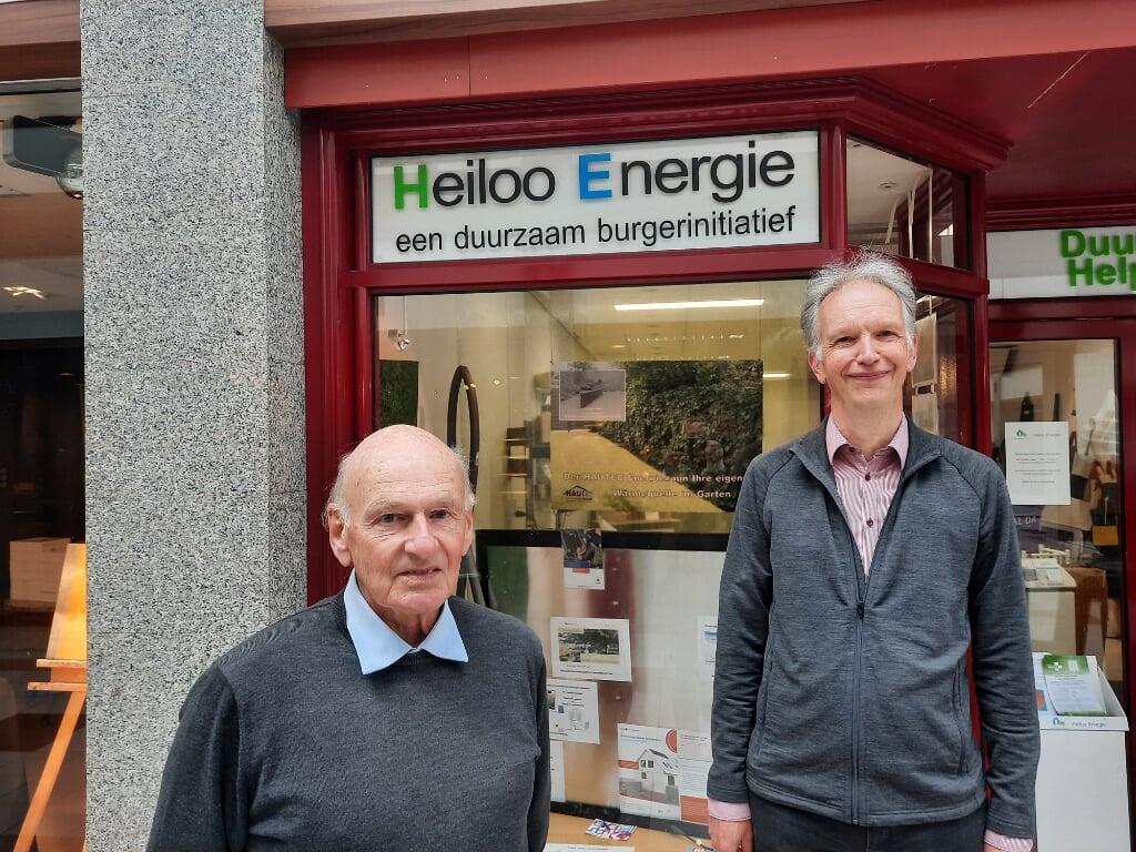 Bart, rechts, en Carl voor de winkel in 't Loo. De bestuursleden van de vereniging Heiloo Energie vinden de locatie 'een fantastische plek. We hopen in het winkelcentrum te mogen blijven.'