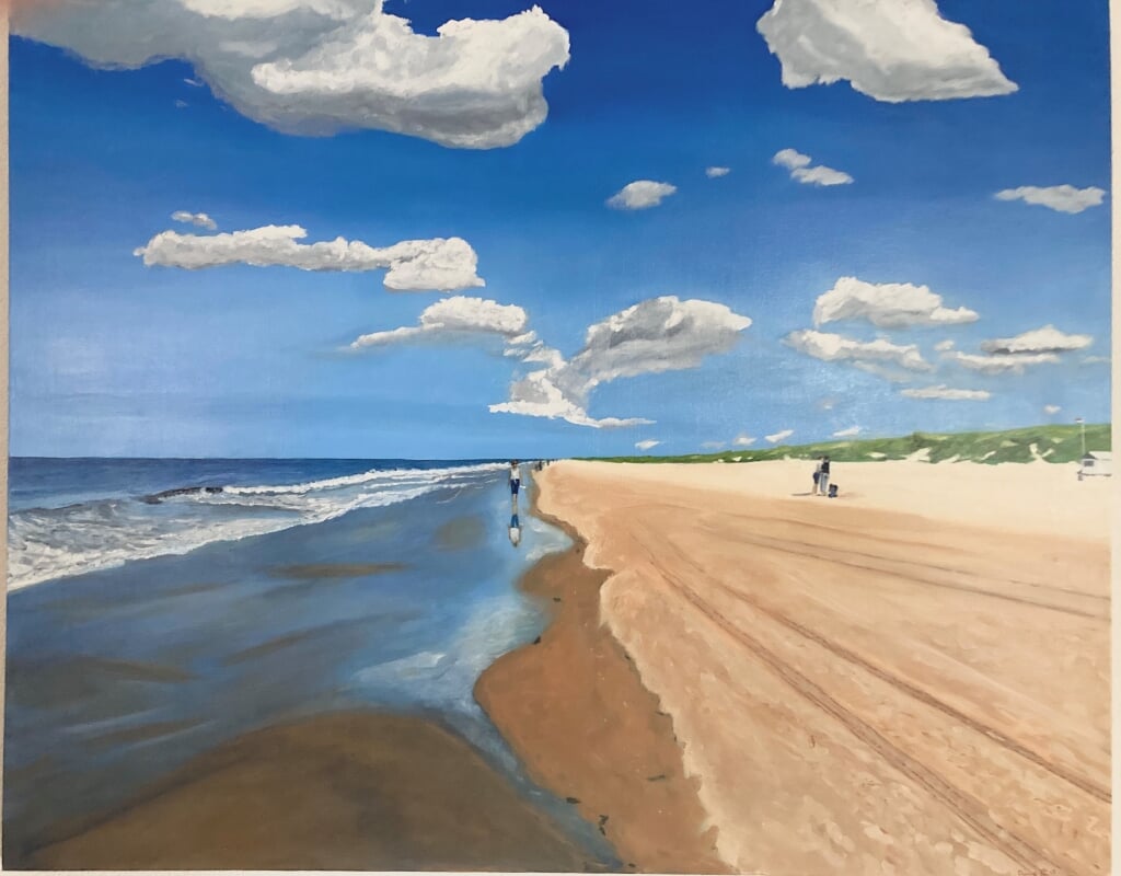 Rino Tetteroo: ‘In deze zomer krijg je weer vreugde met een strandwandeling.’ Olieverf op doek; 80 x 120 cm. Info: www.kunstindekas.nl.