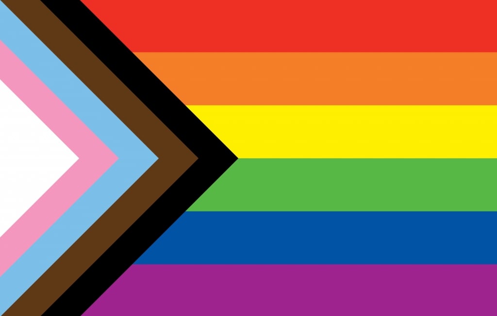 Een nieuwe kleurrijke vlag an de gevel van Het Foreestenhuis in Hoorn: de Progress-vlag.