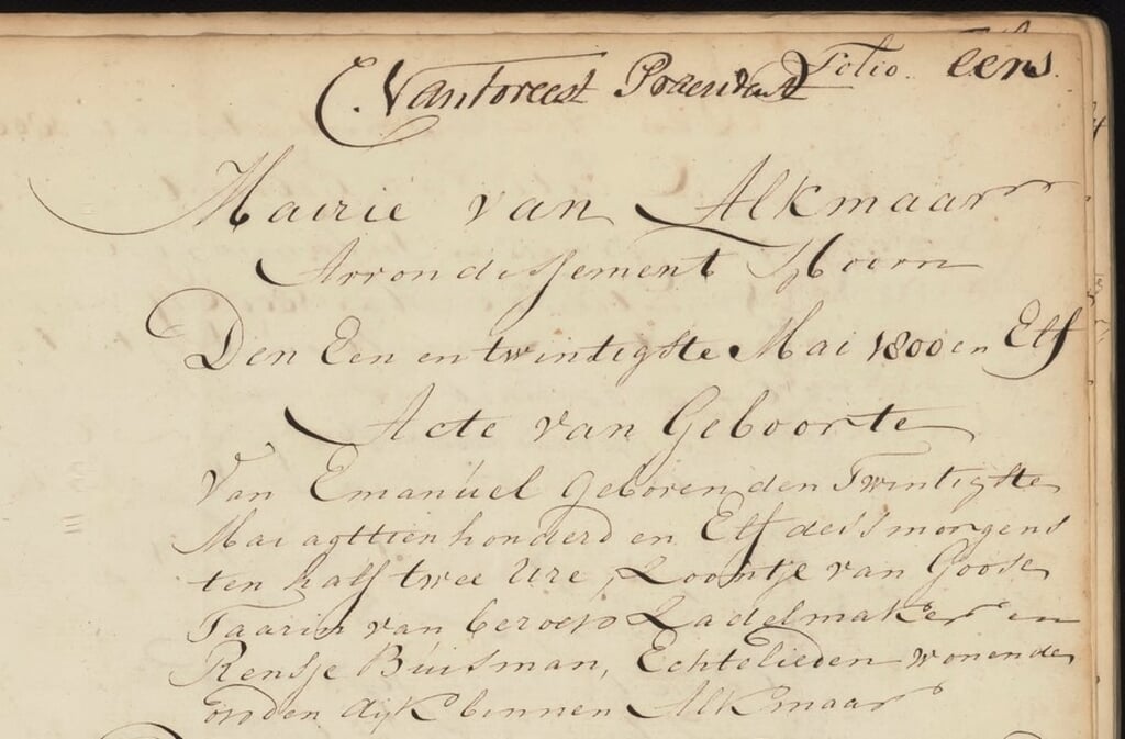 De oudste geboorteakte van Alkmaar, van 21 mei 1811. Het kindje heette Emanuel Taarin; zijn vader was zadelmaker 