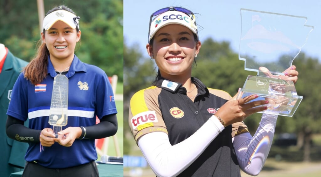 Twee keer Atthaya Thitikul. Links in 2017 als winnares van het Dutch Junior Open, en rechts dit najaar als winnares van het Walmart NW Arkansas Championship.