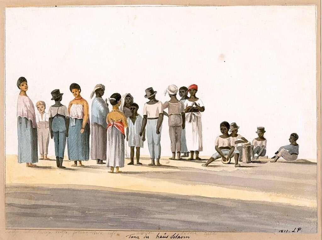 Aquarel van "huisslaven" tijdens een dans in Suriname (1811). De namen zijn er met potlood bijgeschreven: Saratje, Eukio, Bescop, Antje, Fortuna, Tiria, cofe, avance, la rose en Egaliti.