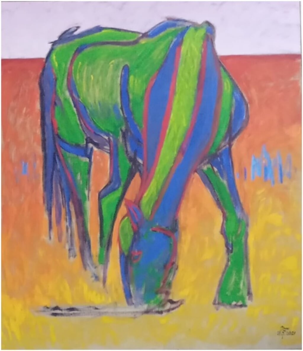 ‘Blauw-groen Fries paard’ is de titel van dit schilderij van Jan Pieters.