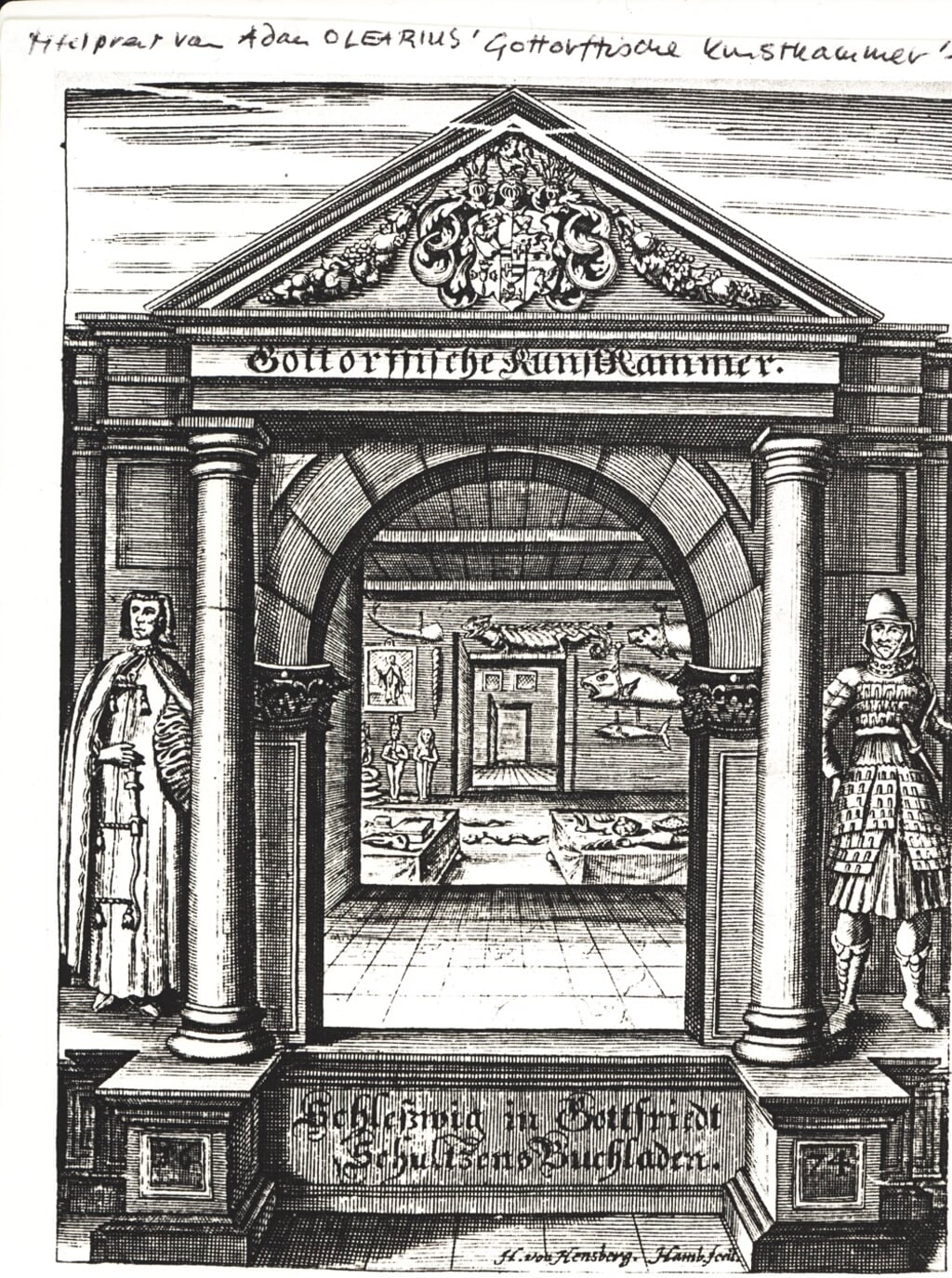 Titelblad van de beschrijving van de kunstkamer op kasteel Gottorf die Adam Olearius schreef tussen 1666 en 1674.