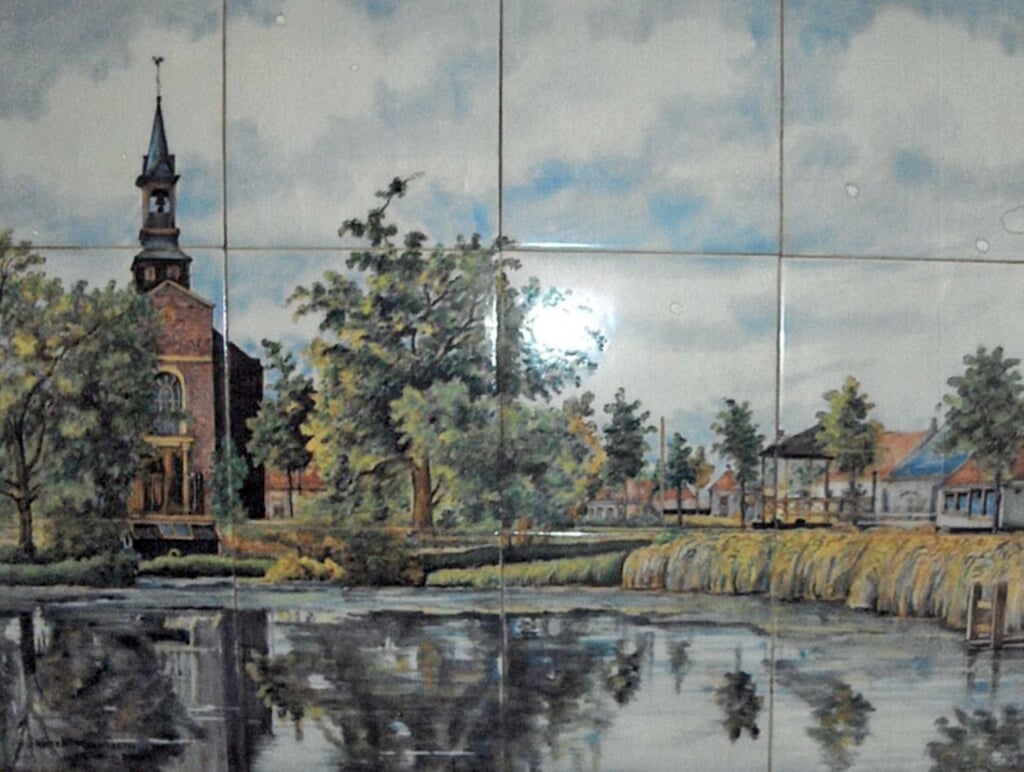 Dorpsgezicht in Borssele. Het tegeltableau is een geschenk van het gemeentebestuur van Borssele aan de gemeente Obdam als teken van grote erkentelijkheid voor de verrichte herstelwerkzaamheden door de Obdamse schildersbedrijven in deze Zeeuwse gemeente in 1946.