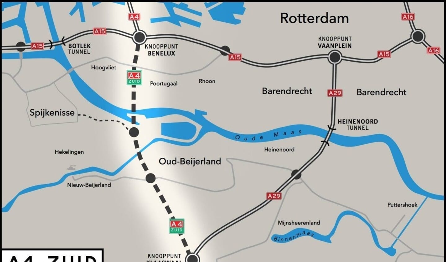 Het A4-Zuid tracé. Het college wil zich inzetten voor de aanleg van deze weg.