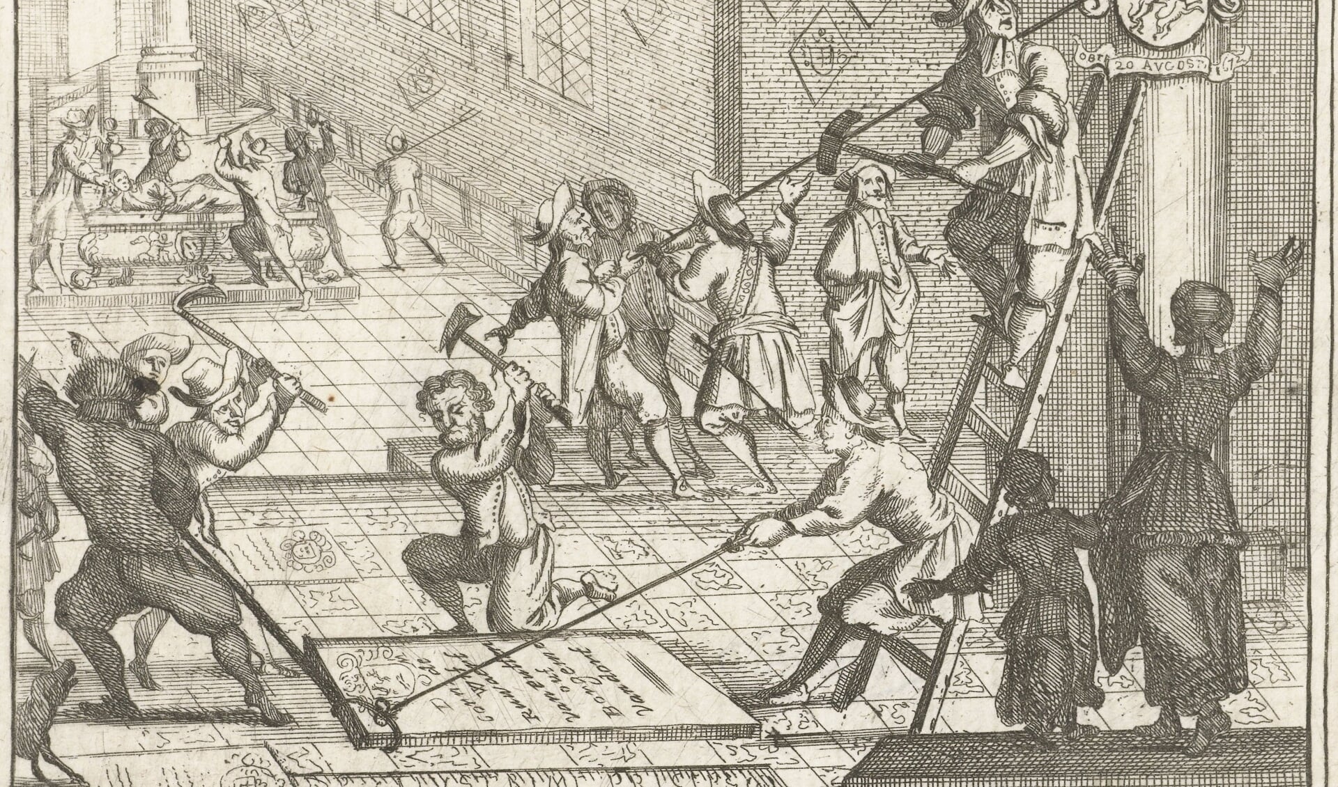 Gravure ‘Het vernielen van de graven van de gebroeders De Witt in de Nieuwe Kerk van Den Haag’. Casper Bouttats, 1672.