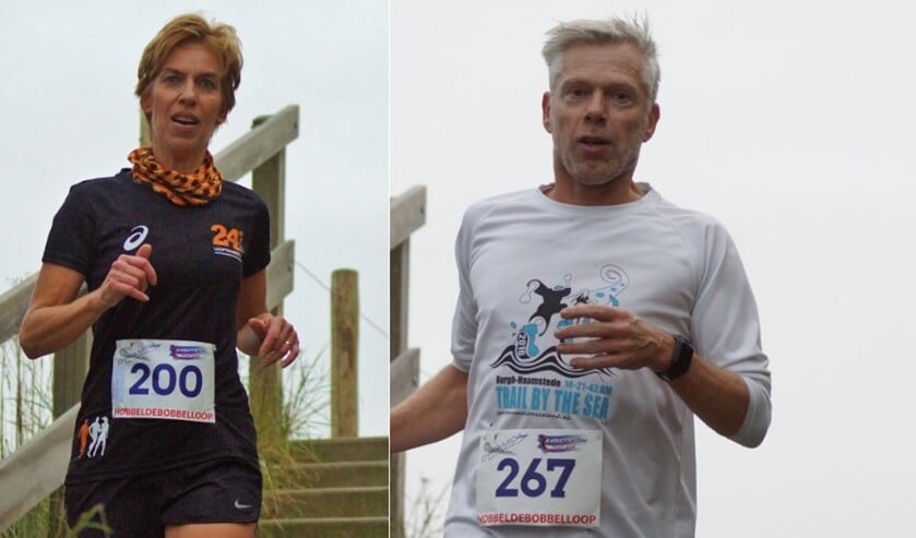 Rita Verhage (200) en Kees Slui (267) op de trappen van de Hobbeldebobbelloop Zoutelande 11km.