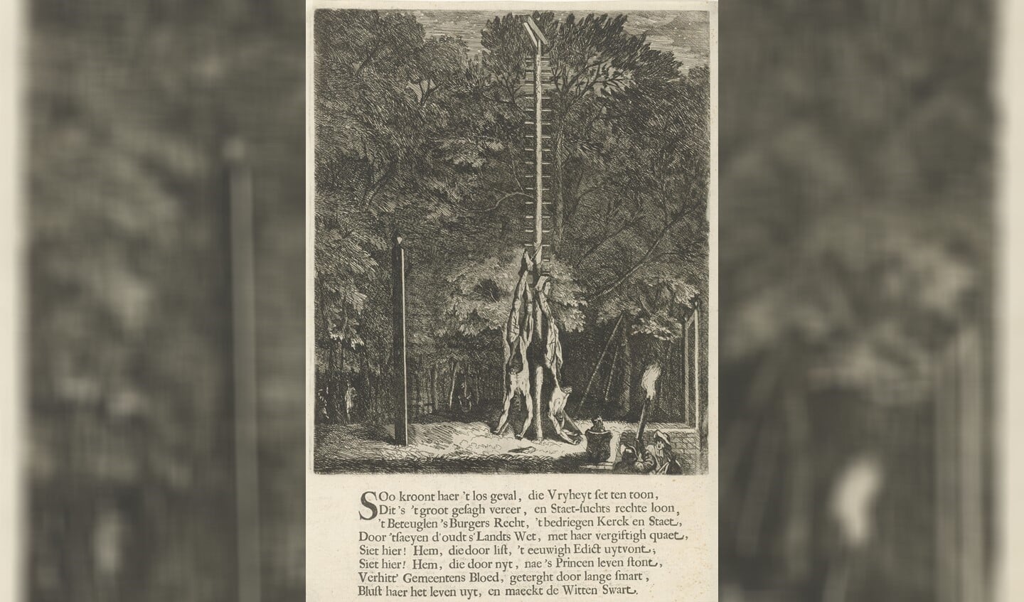 De verminkte lichamen van de gebroeders De Witt, hangend aan de wip. Roelant Roghman 1672.