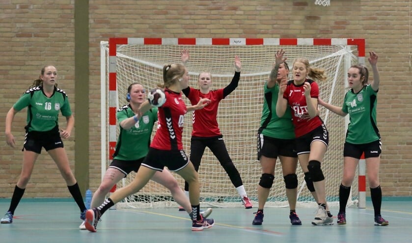 Keepster Eva van Leeuwen: ''Zodra we na de coronaperiode weer mogen handballen, willen we er in de zaal met z'n allen voor gaan om stappen te maken naar de hogere klassen.'' Archieffoto Theo van Kralingen.