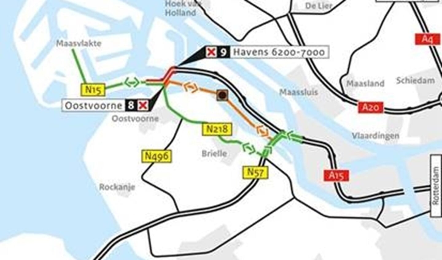 Omleidingen tijdens de afsluiting van de A15 Suurhoffbrug van 2 april 21.00 uur tot zaterdagochtend 3 april 2021 04.00 uur(verkeer richting Maasvlakte/Oostvoorne) en 08.00 uur (verkeer richting Rotterdam). Het reguliere wegverkeer wordt omgeleid via de N218 en de N57.
