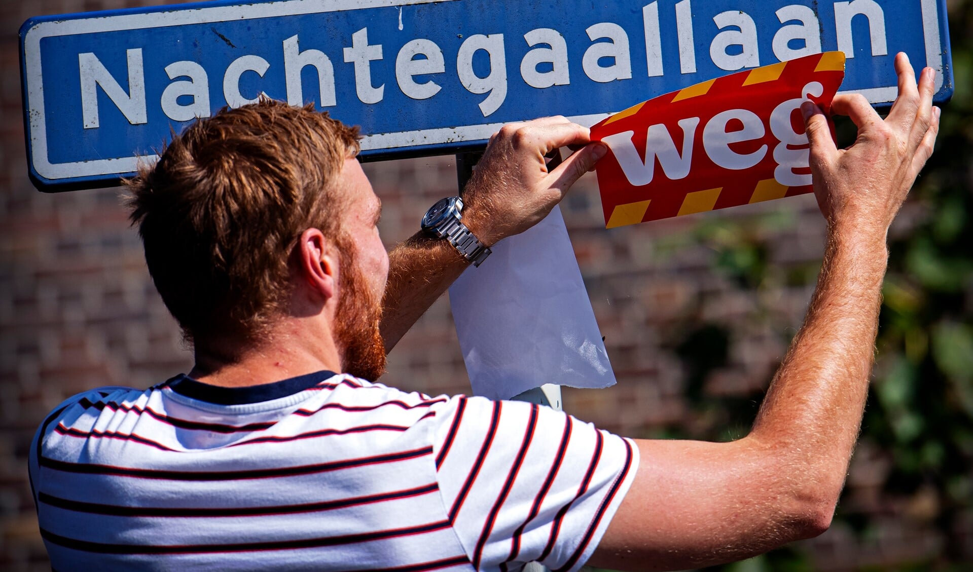 Vrijwilligers van Greenpeace beplakken straatnaamborden met vogelnamen met stickers met het woord WEG