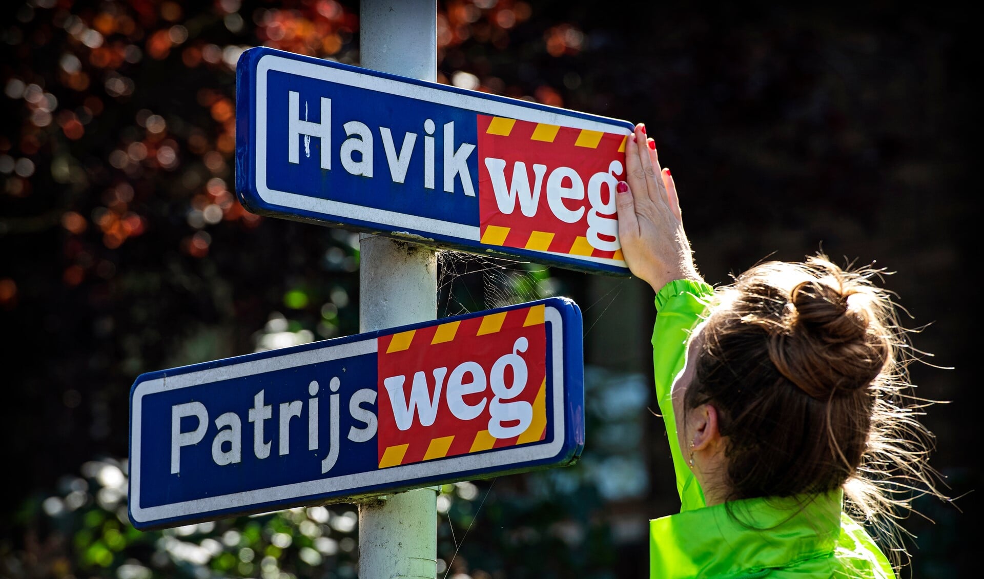 Vrijwilligers van Greenpeace beplakken straatnaamborden met vogelnamen in Den Haag met stickers met het woord WEG. Met de actie en de hashtag natuurweg wil de milieuorganisatie aandacht vragen voor verdwijnende natuur in Nederland.