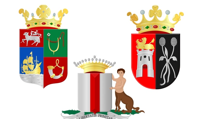 De bestaande gemeentewapens van links naar rechts Hellevoetsluis, Brielle en Westvoorne