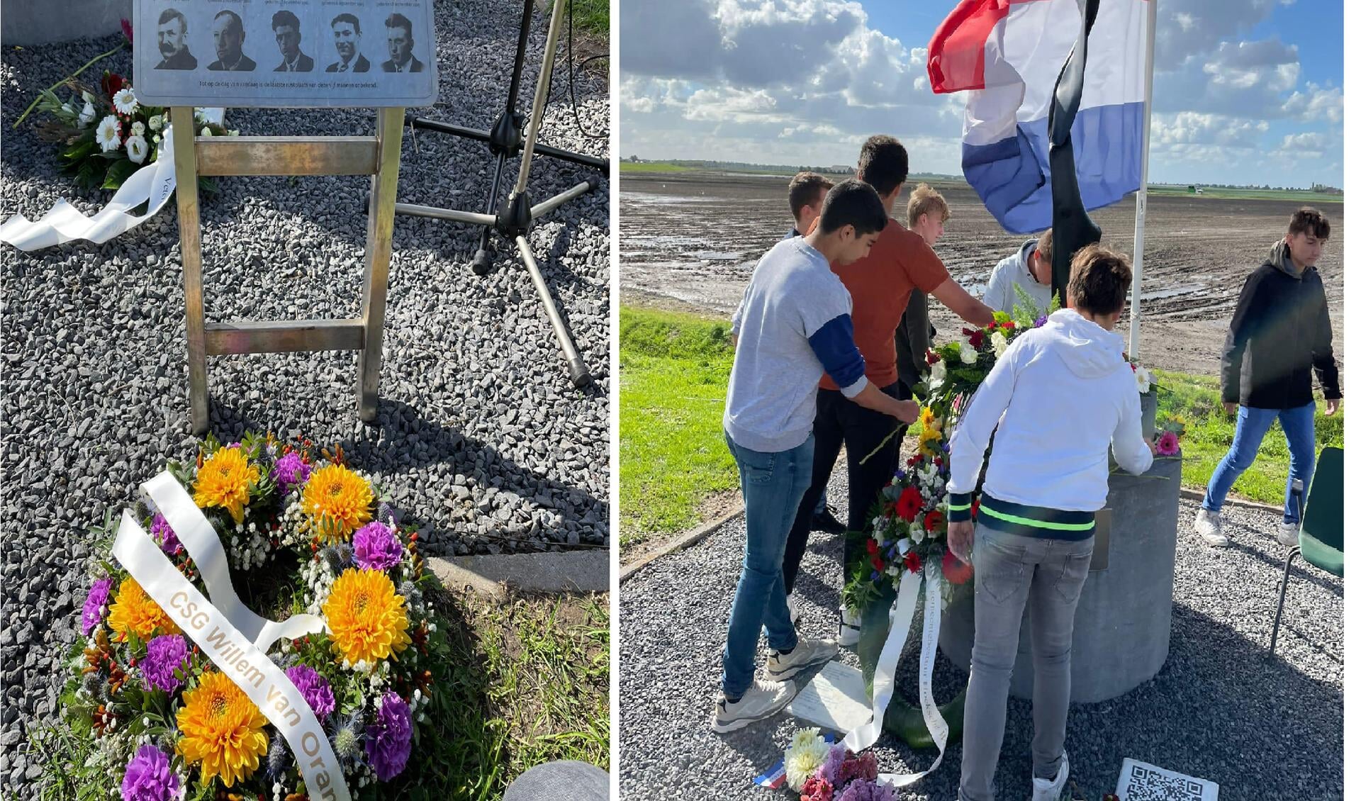 Tijdens een indrukwekkende herdenking van De 5 van Greup legden onder andere leerlingen van csg Willem van Oranje maandag 19 september bloemen bij het oorlogsmonument. (foto's: pr) 