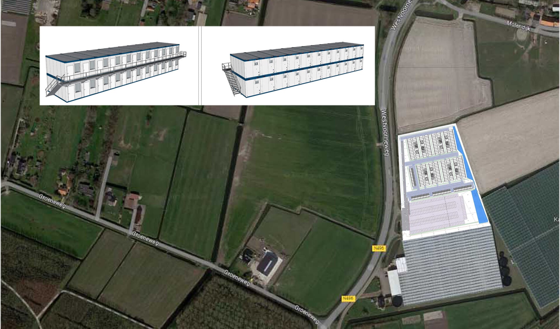 De situatie van het terrein aan de Willemansweg met een verbeelding van een van de rijen containerwoningen. (tekeningen IMC Crossborder)