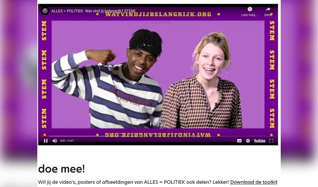Still van de website watvindjijbelangrijk.org, waar filmpjes en informatie jongeren aanmoedigen om te gaan stemmen. (Foto: PR) 