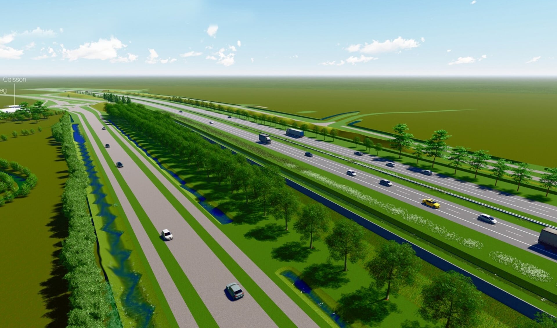 De geluidswal ligt tussen de snelweg en provinciale weg.