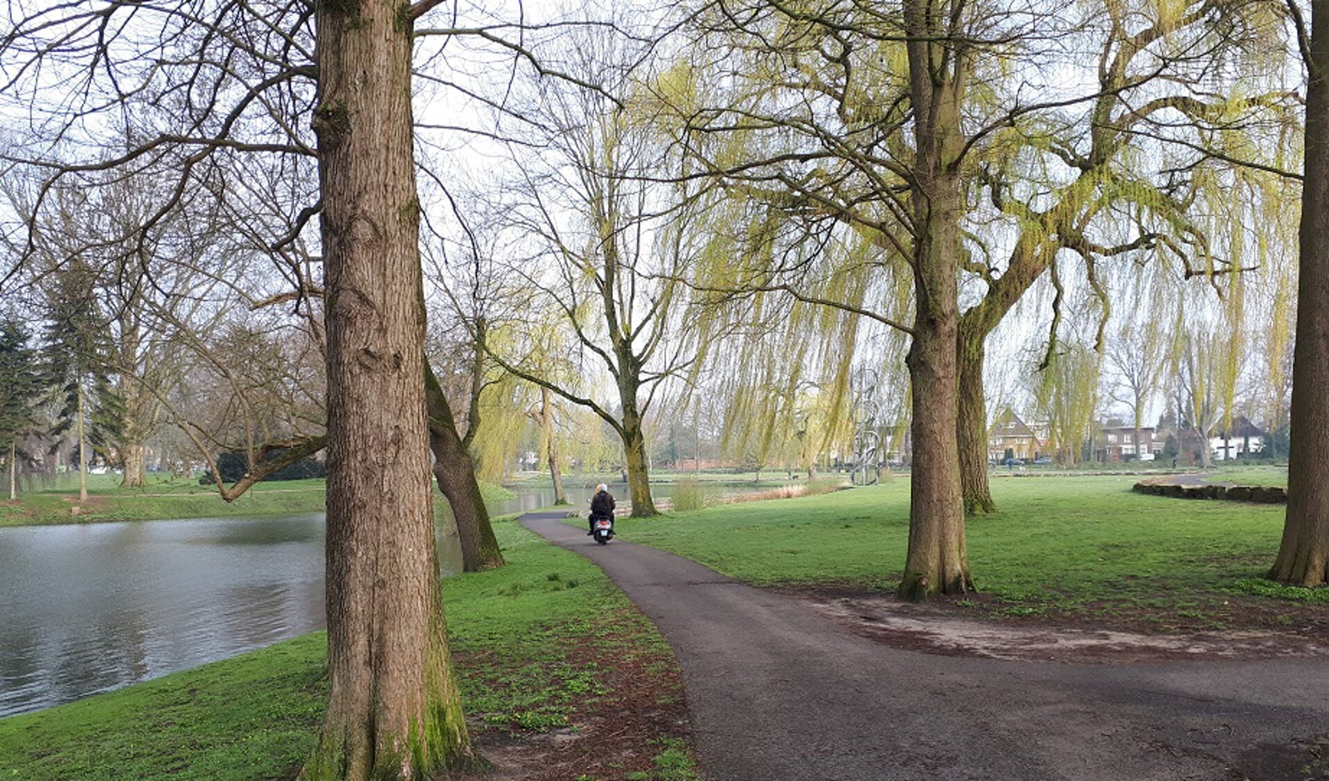 Een scooterrijder neemt het pad door het park