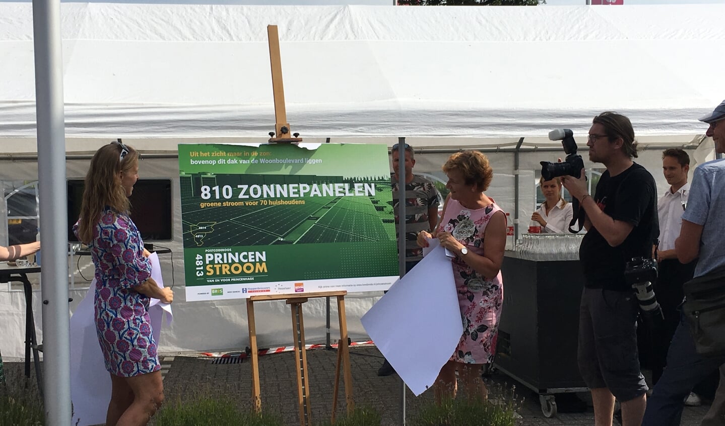 Wethouder Bos (links) en De Bondt openen samen het zonnepark. 
