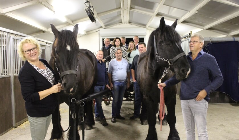 De trekpaarden Chloé (links) en Caroline met hun werkgroep in voorbereiding op de wedstrijd.