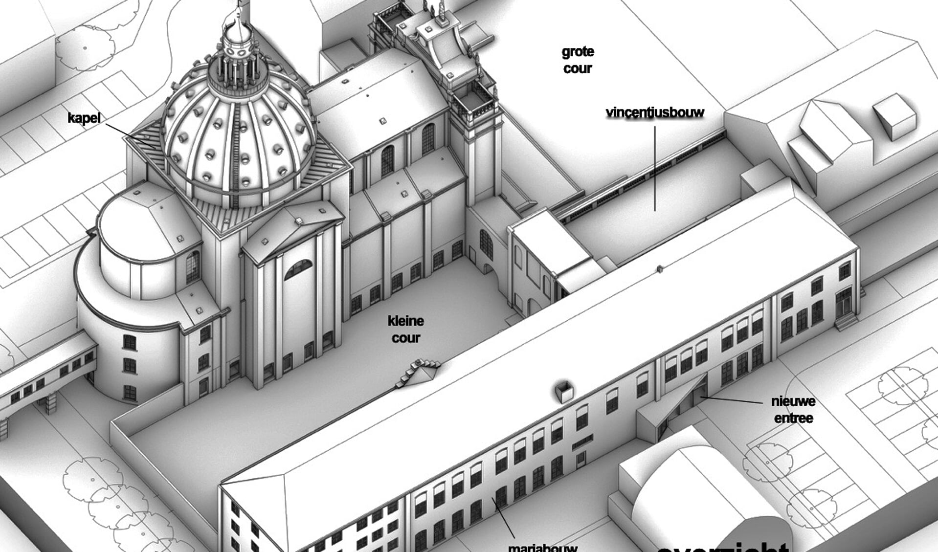 Art impressie van het gebied rondom de kapel van Saint Louis, met vooraan de te verbouwen Mariabouw tot cultuurcluster