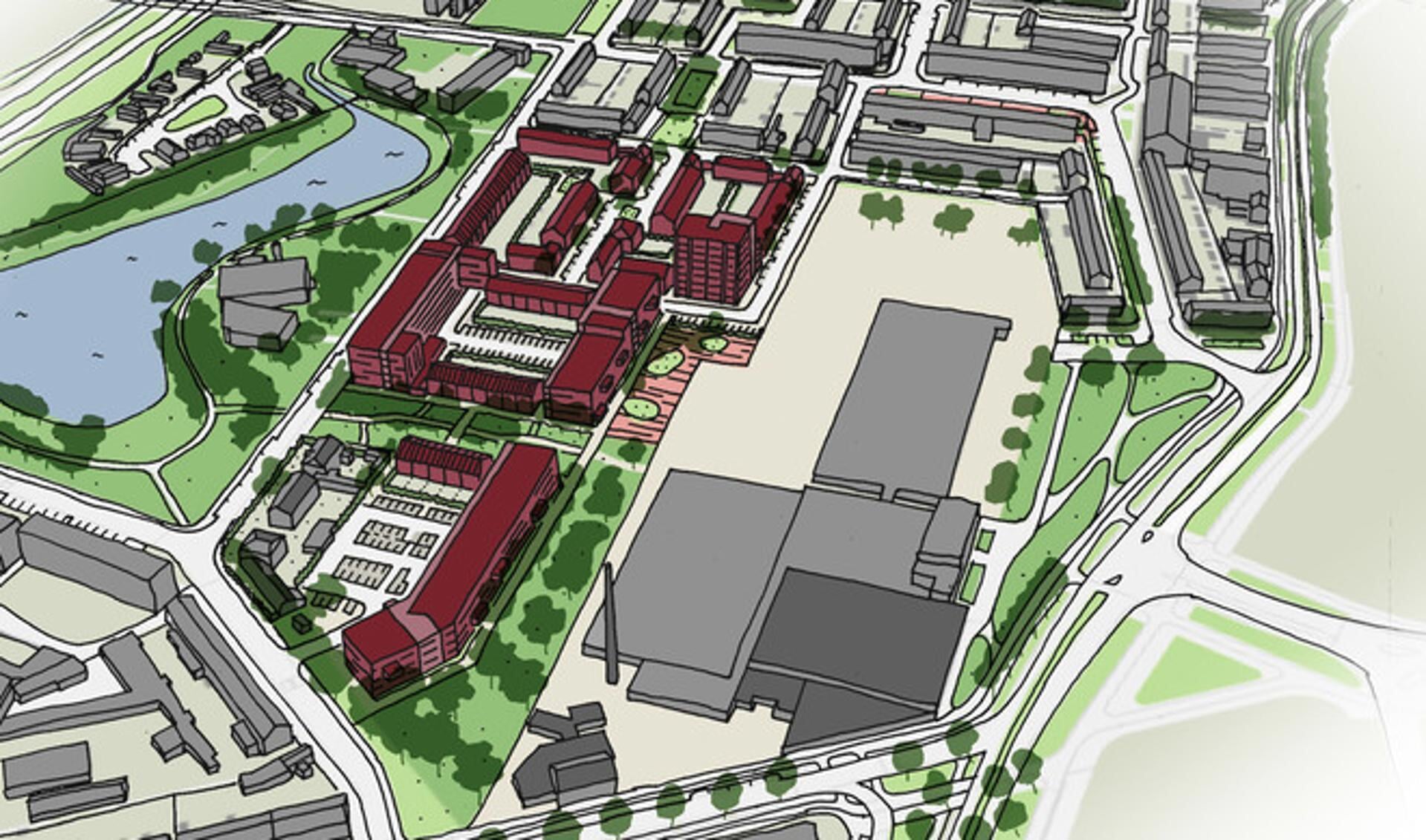 Het voorlopige ontwerp van het Eureka-woongebied. Het rode gedeelte is het nieuwe wijkje.