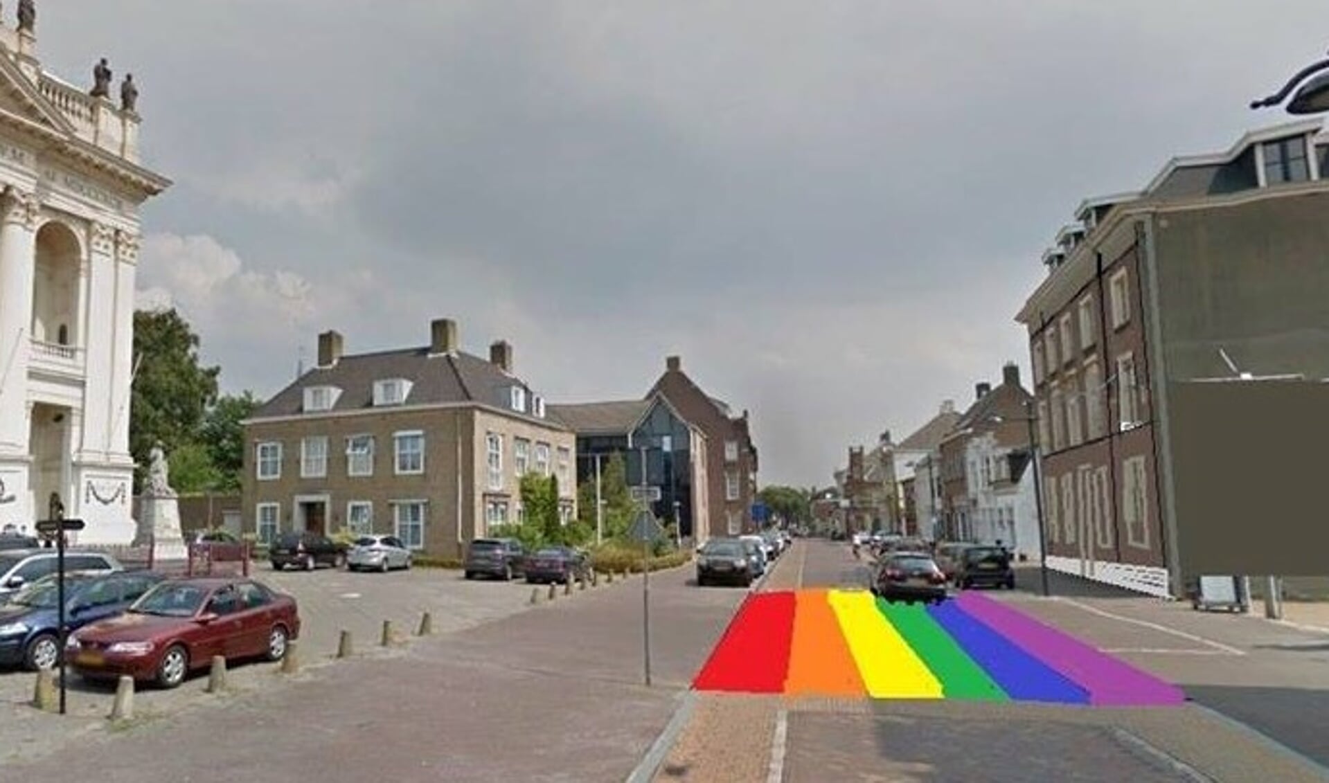 Pastoor Prasing pleitte voor een regenboogzebrapad tussen de basiliek en het Jezuïetenplein in Oudenbosch. FOTO COMITÉ CARNAVALSMIS BASILIEK