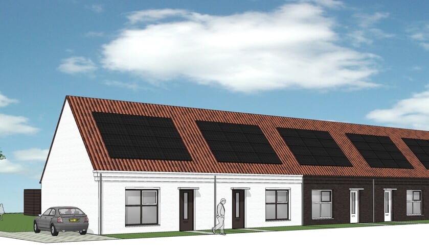 Samen zien de vijf woningen eruit als een boerderij.