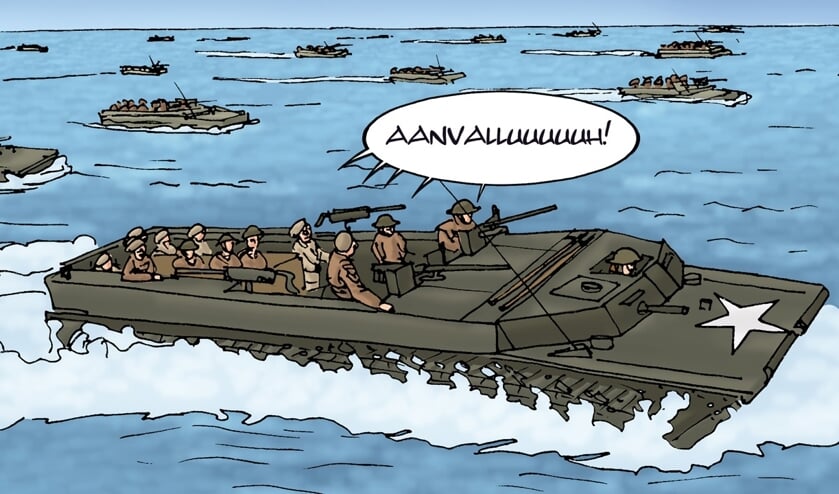 Een van de tekeningen in het stripboek over de Slag om de Schelde. FOTO ARTHUR SCHEIJDE