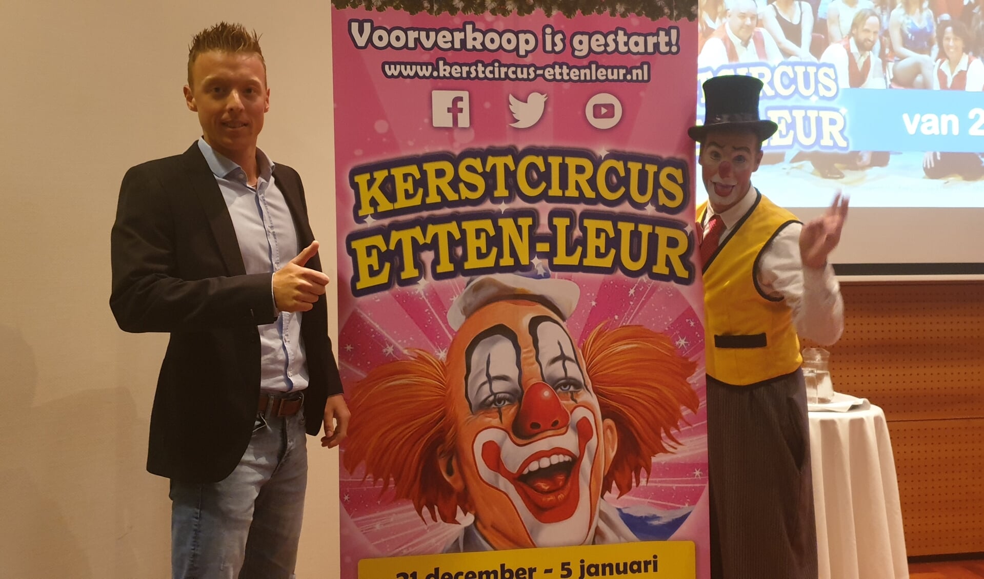 Kevin van Geet met clown Marco Mariani uit Portugal kondigen aan dat de voorverkoop intussen van start is gegaan. 
