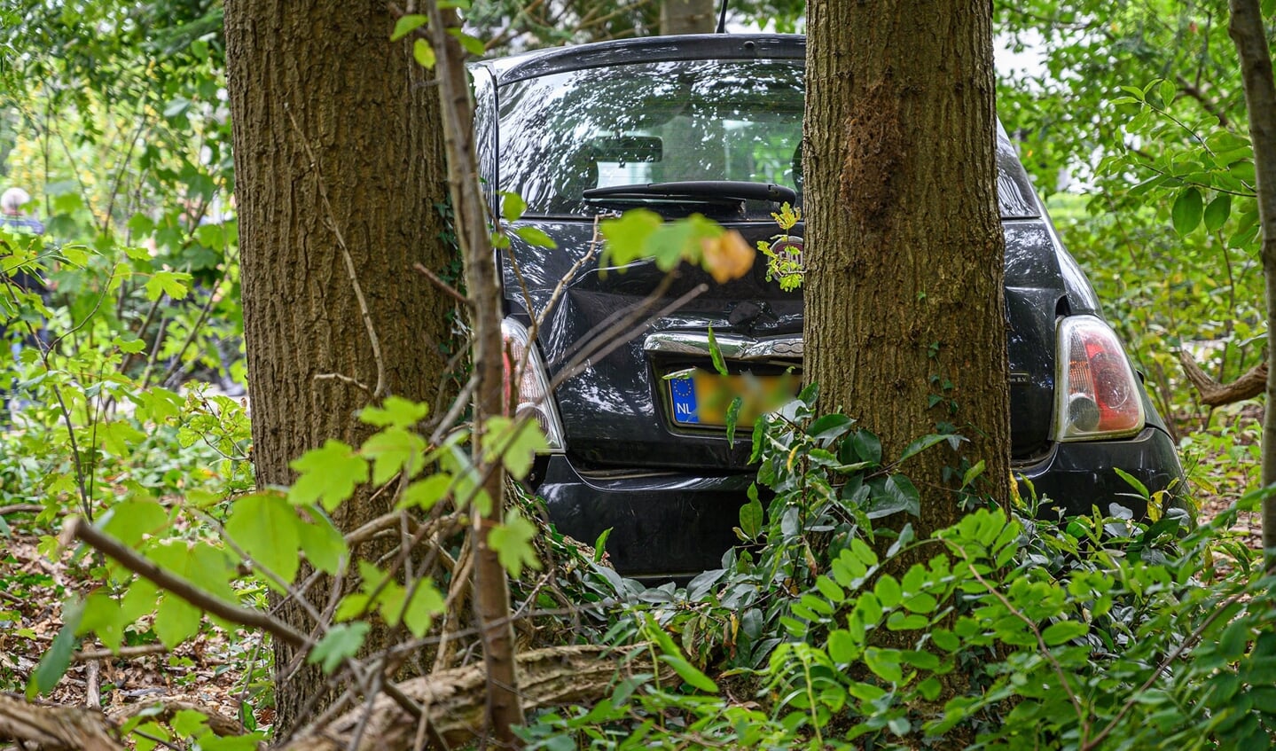 De auto kwam enkele meters verderop tegen twee bomen tot stilstand. 