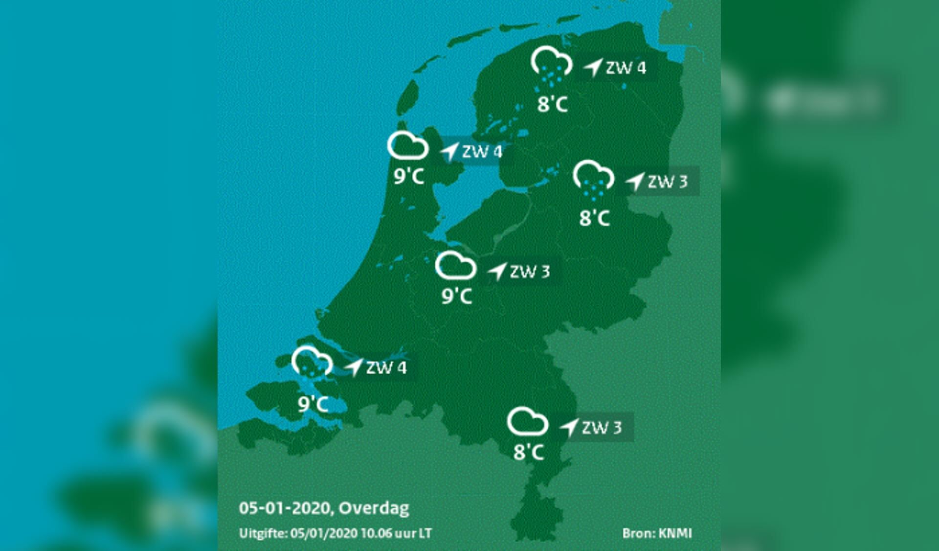 De weerkaart van zondag 5 januari 2020.